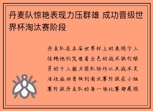 丹麦队惊艳表现力压群雄 成功晋级世界杯淘汰赛阶段