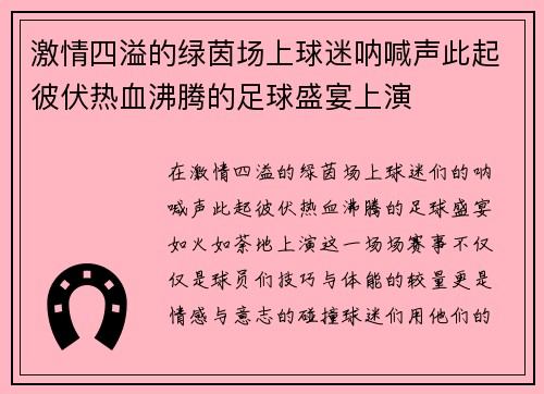 激情四溢的绿茵场上球迷呐喊声此起彼伏热血沸腾的足球盛宴上演