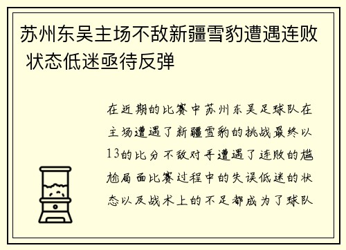 苏州东吴主场不敌新疆雪豹遭遇连败 状态低迷亟待反弹