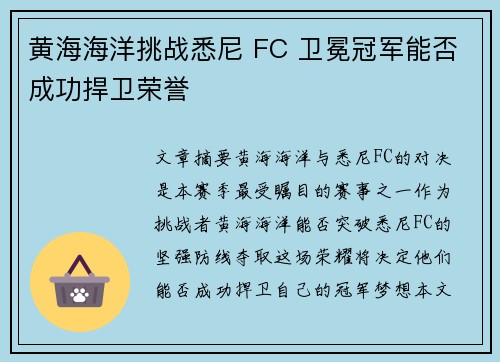 黄海海洋挑战悉尼 FC 卫冕冠军能否成功捍卫荣誉